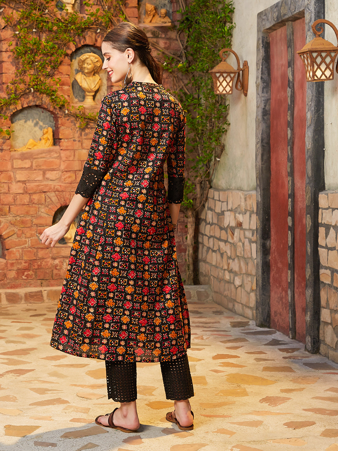 Ethnic Printed Schiffli A-Line Paneled Kurta - Black