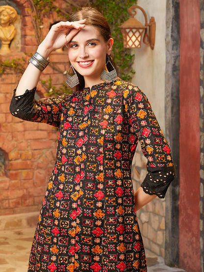 Ethnic Printed Schiffli A-Line Paneled Kurta - Black