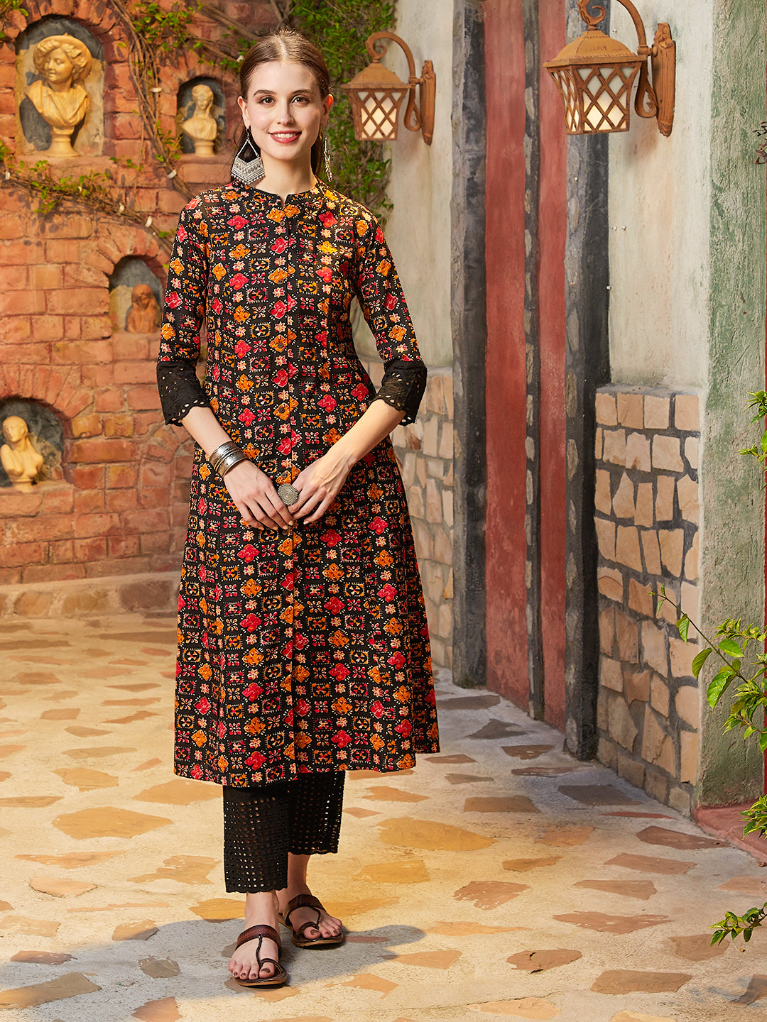 Ethnic Printed Schiffli A-Line Paneled Kurta - Black