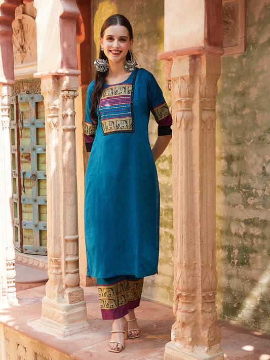 Solid Ethnic Woven Straight Fit Kurta with Pant - Blue