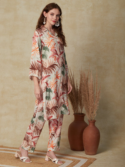 Tropical Floral Printed Kurta with Pants Co-ord Sets - Off White & Multi