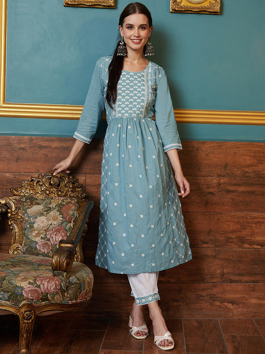 Solid Resham & Mirror Embroidered Pleated Kurta with Embroidered Pants - Sea Blue