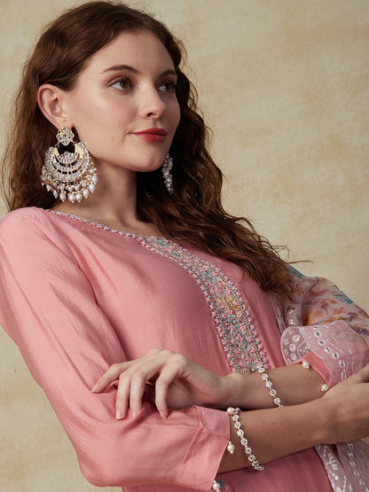 Solid Mirror & Cutdana Embroidered Kurta with Pants & Embroidered Dupatta - Pink