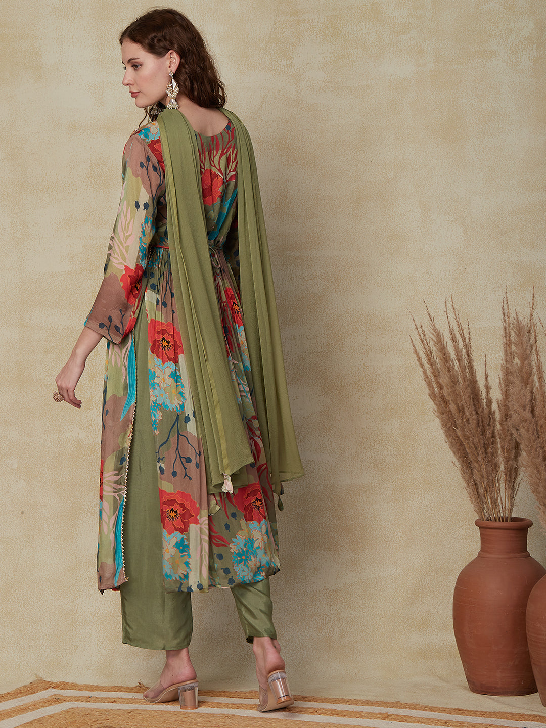 Floral Printed Gotapatti & Mirror Embroidered High Slit Kurta with Pants & Dupatta - Multi