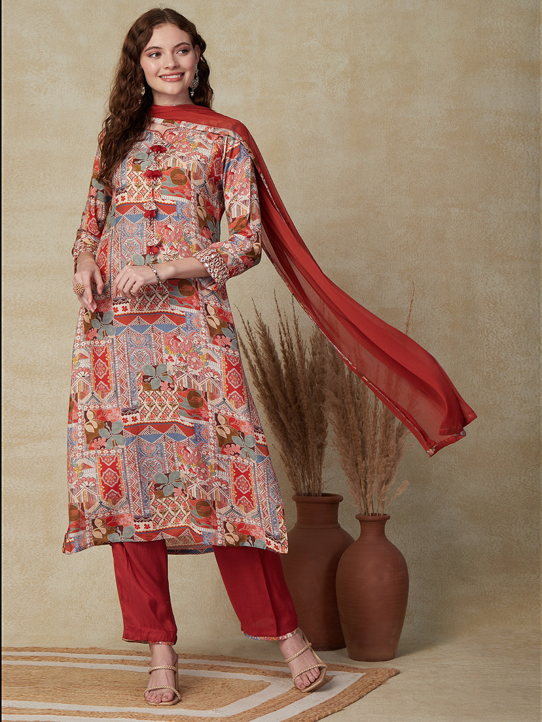 Multi Printed Mirror & Resham Embroidered Tasseled Kurta with Pants & Dupatta - Multi