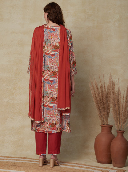 Multi Printed Mirror & Resham Embroidered Tasseled Kurta with Pants & Dupatta - Multi