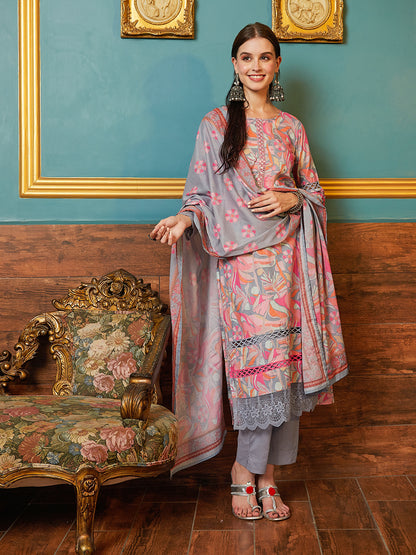 Abstract & Floral Printed Mirror, Resham & Sequins Embroidered Kurta with Pants & Dupatta - Multi