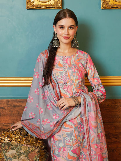 Abstract & Floral Printed Mirror, Resham & Sequins Embroidered Kurta with Pants & Dupatta - Multi
