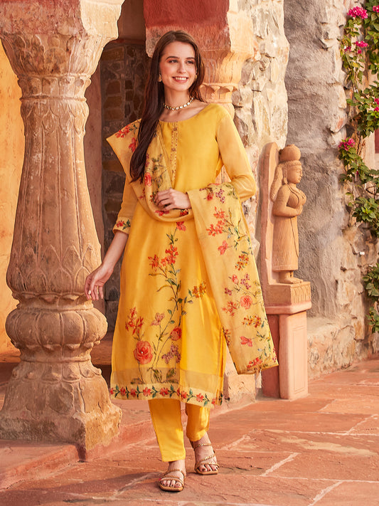 Floral Printed Resham French Knot Embroidered Kurta with Pants & Floral Dupatta - Yellow