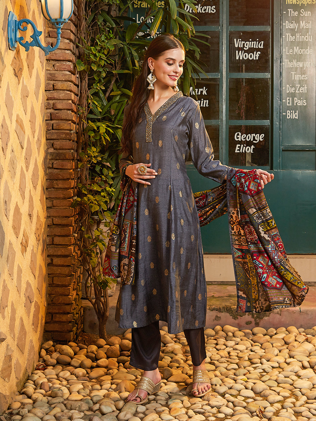 Ethnic Foil Printed & Embroidered A-Line Kurta with Pant & Dupatta - B