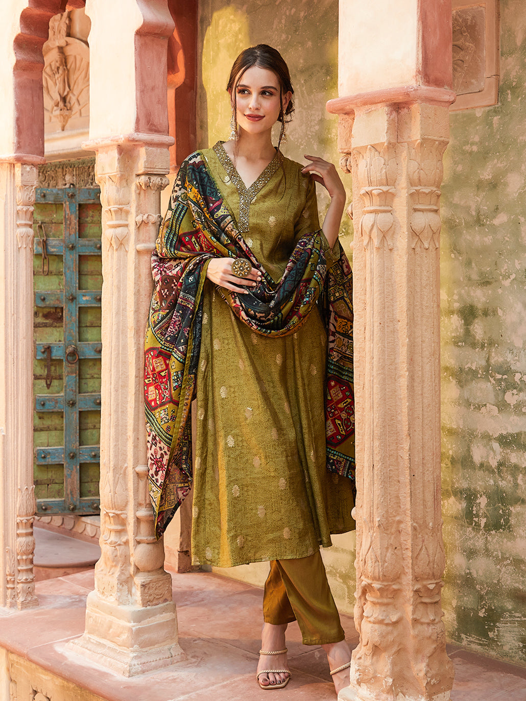 Ethnic Foil Printed & Embroidered A-Line Kurta with Pant & Dupatta -Green