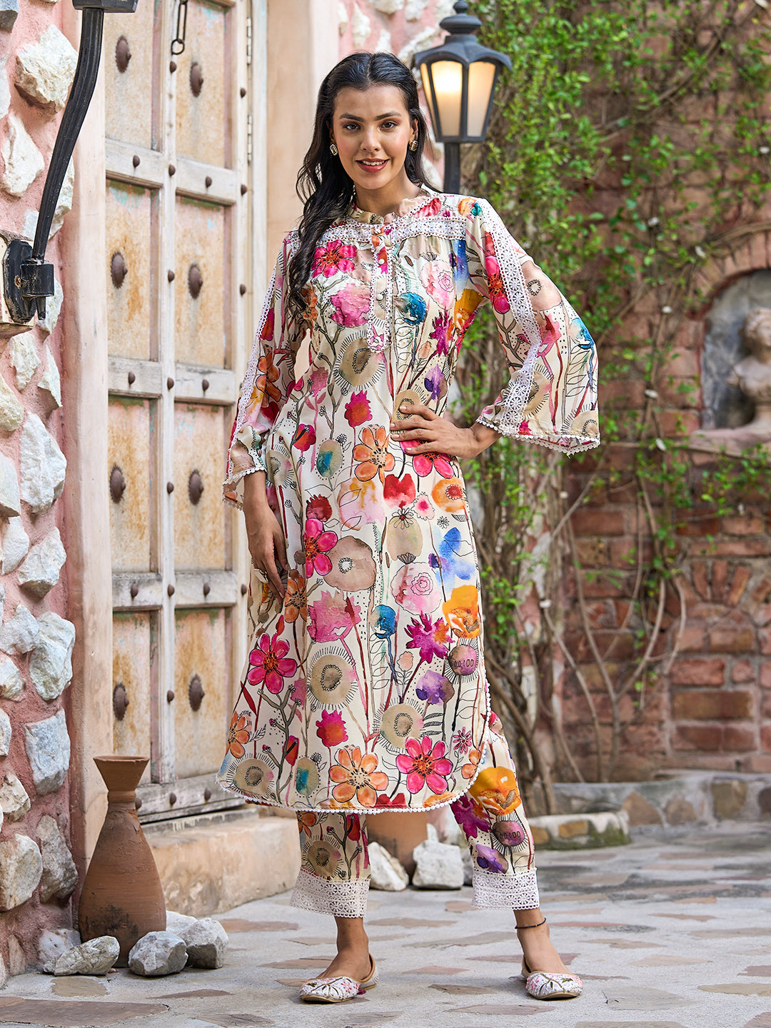 Abstract Floral Printed & Embroidered Straight Kurta with Pant - Cream