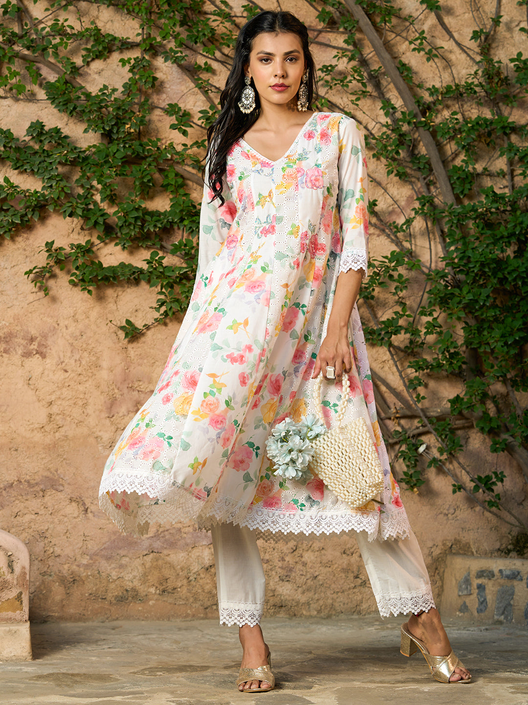 Floral Printed Sequins Embroidered Schiffili Anarkali Kurta With Pants - Multi & White