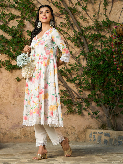 Floral Printed Sequins Embroidered Schiffili Anarkali Kurta With Pants - Multi & White