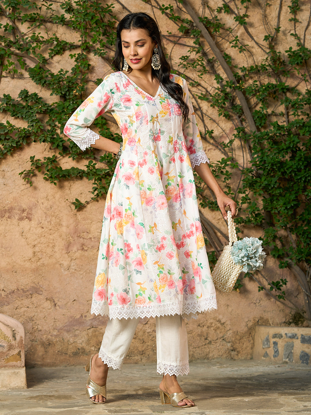 Floral Printed Sequins Embroidered Schiffili Anarkali Kurta With Pants - Multi & White