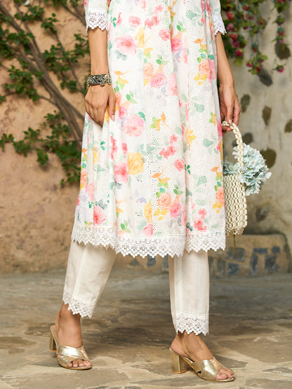 Floral Printed Sequins Embroidered Schiffili Anarkali Kurta With Pants - Multi & White