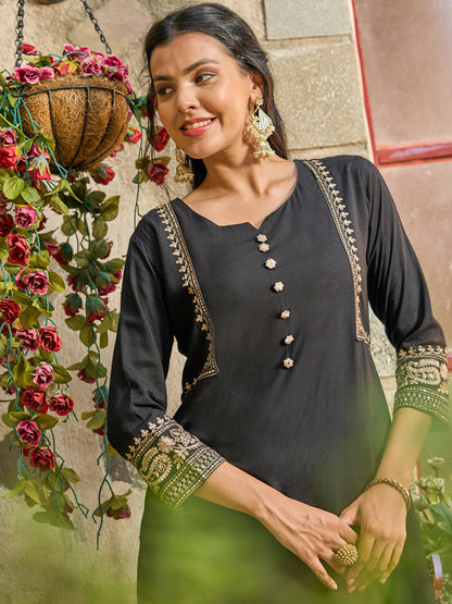 Solid Zari & Sequins Embroidered Buttoned Kurta with Pant - Black