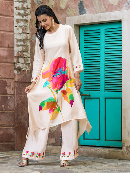 Floral Printed Zari & Sequins Embellished Kurta with Pants - Cream