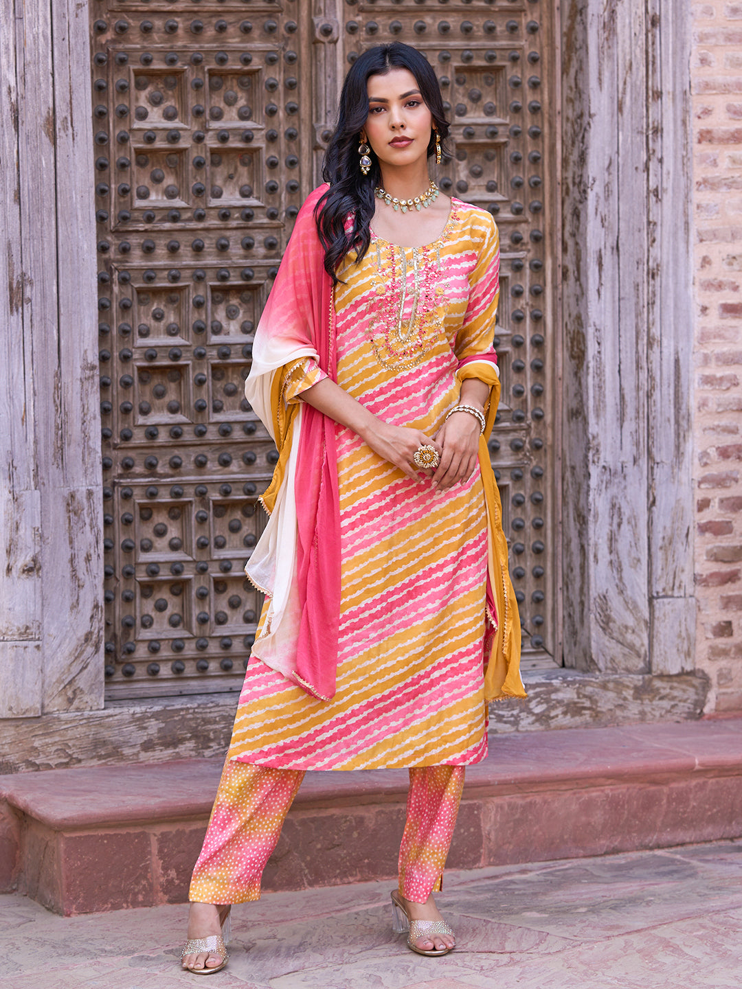 Lehriya Printed Mirror & Zardozi Embroidered Kurta with Pants & Dupatta - Multi