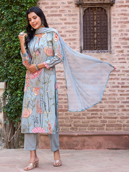 Floral Printed Mirror, Resham & Sequins Embroidered Kurta with Pants & Dupatta - Powder Green