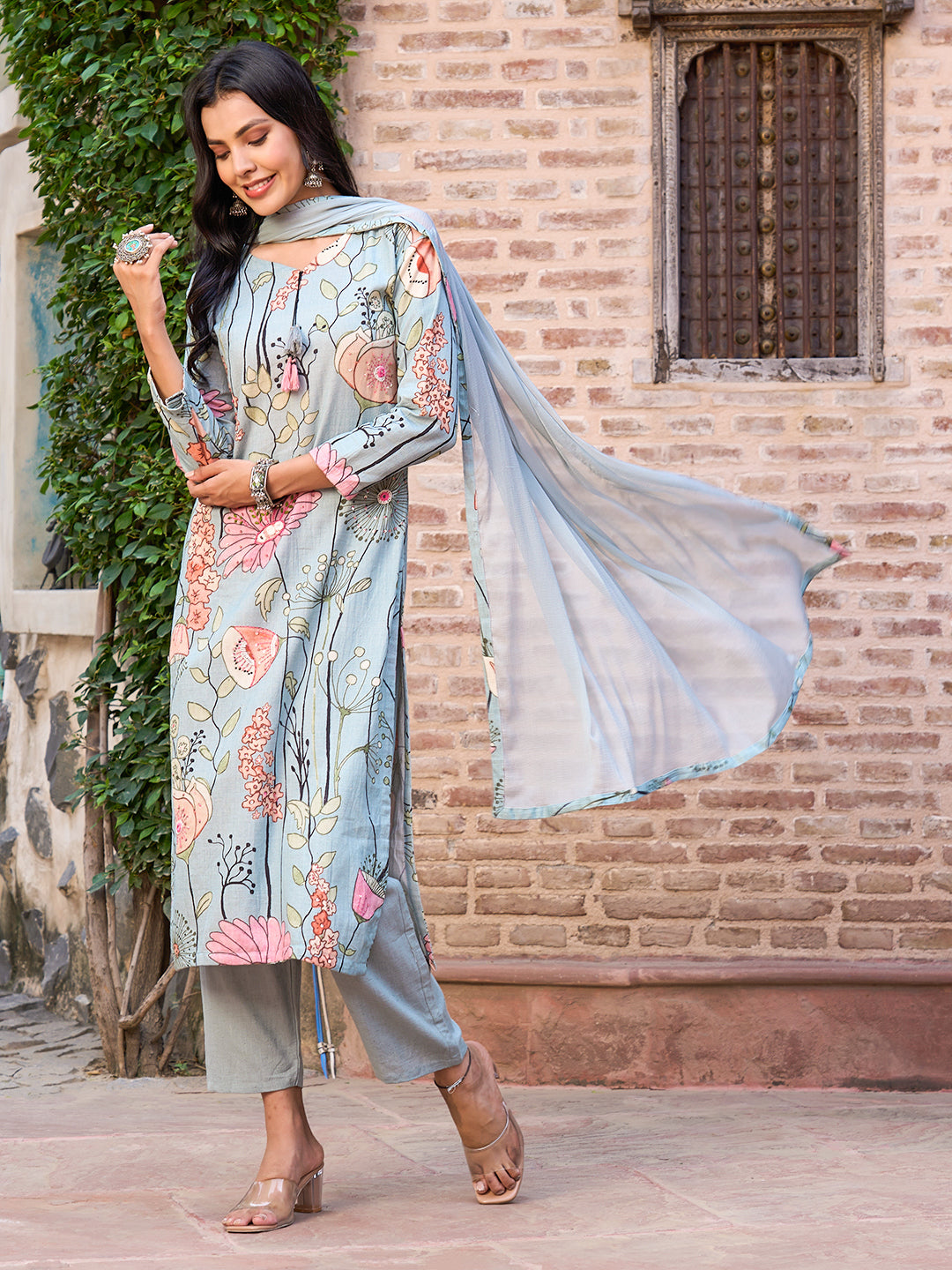 Floral Printed Mirror, Resham & Sequins Embroidered Kurta with Pants & Dupatta - Powder Green