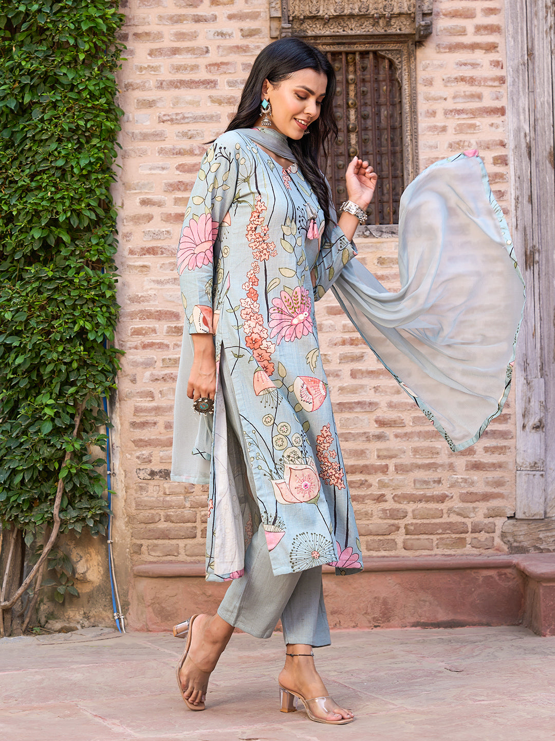 Floral Printed Mirror, Resham & Sequins Embroidered Kurta with Pants & Dupatta - Powder Green