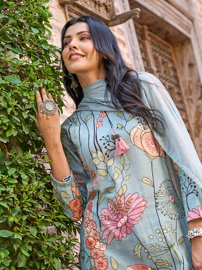 Floral Printed Mirror, Resham & Sequins Embroidered Kurta with Pants & Dupatta - Powder Green