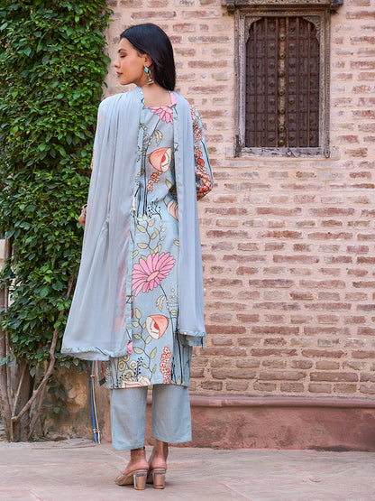 Floral Printed Mirror, Resham & Sequins Embroidered Kurta with Pants & Dupatta - Powder Green