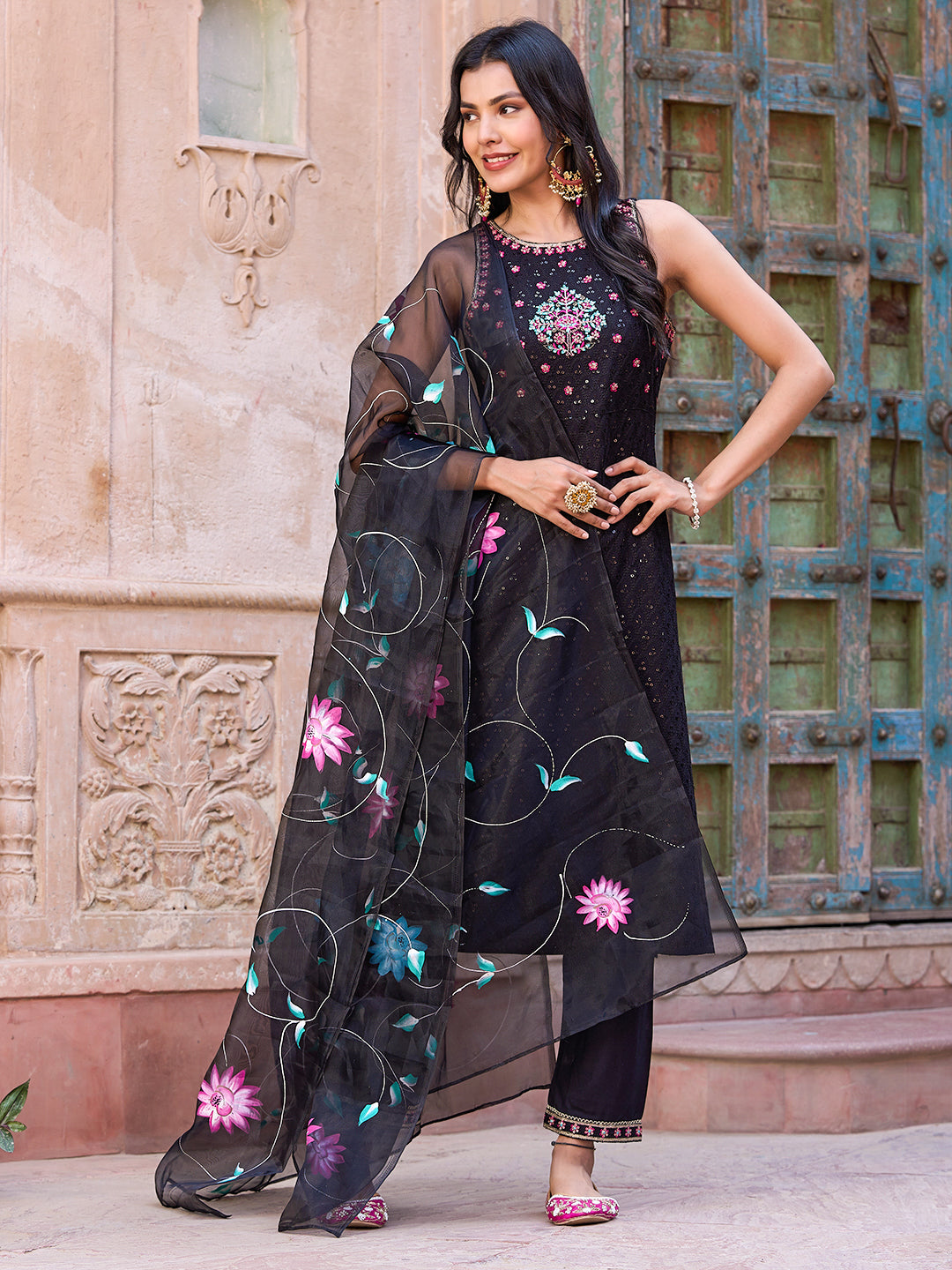 Sequin Embroidered Straight Kurta with Pant & Floral Hand Painted Dupatta - Black