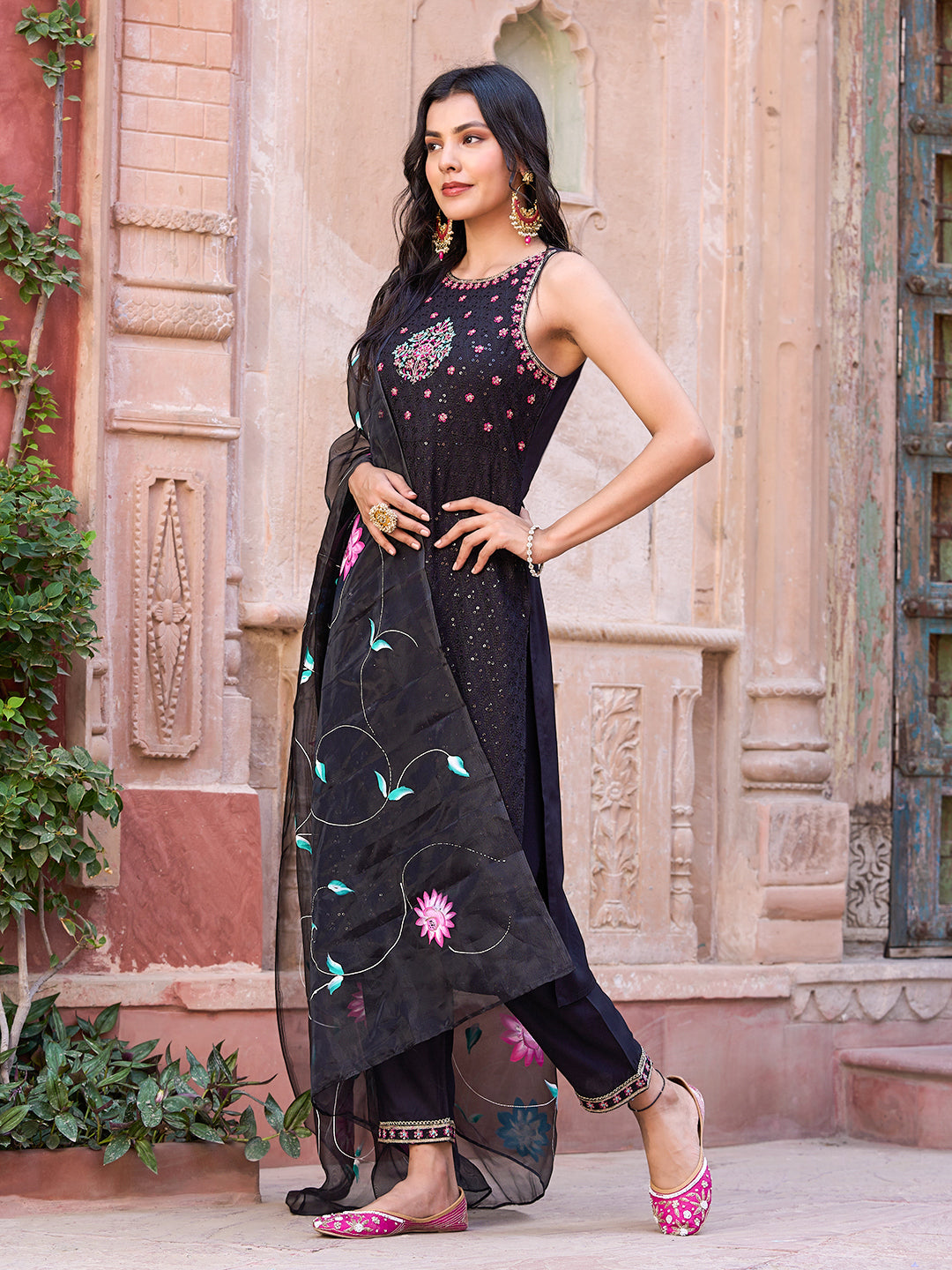 Sequin Embroidered Straight Kurta with Pant & Floral Hand Painted Dupa