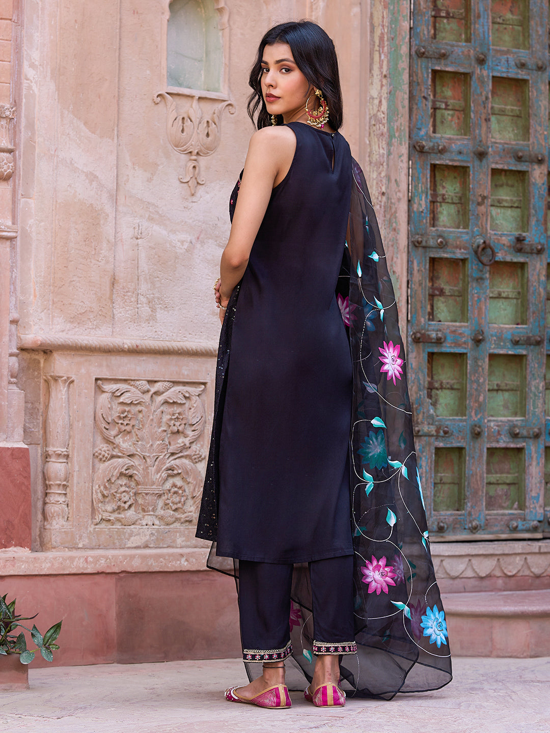 Sequin Embroidered Straight Kurta with Pant & Floral Hand Painted Dupatta - Black