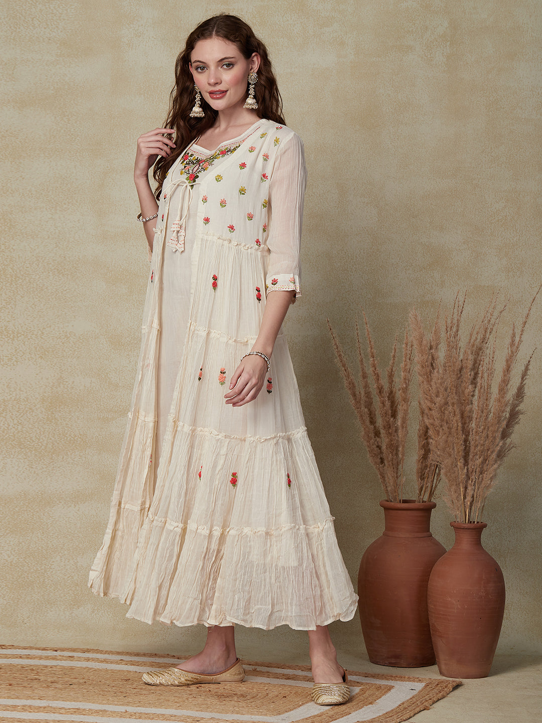 Solid Resham Embroidered A-line Dress with Resham Embroidered Tiered Jacket - White