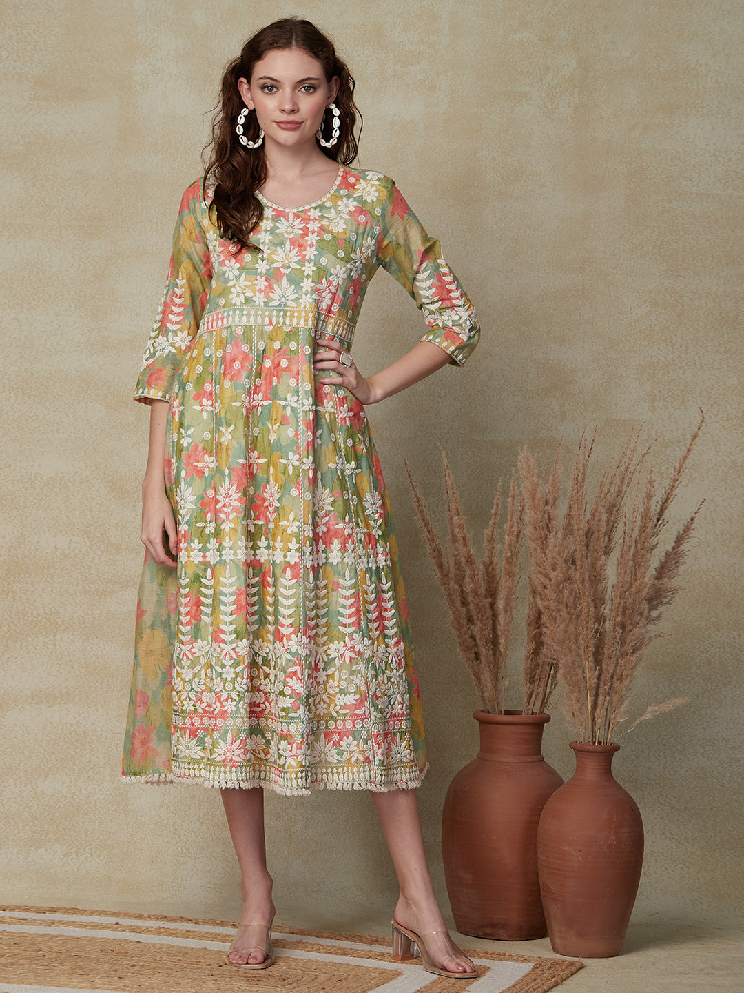 Floral Printed Resham Embroidered Anarkali Indo Western Mul-Cotton Dress - Green