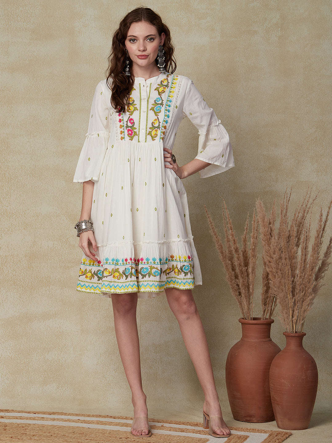 Solid Resham Embroidered Crochet Lace Work Mul-Cotton Indo-Western Dress - White