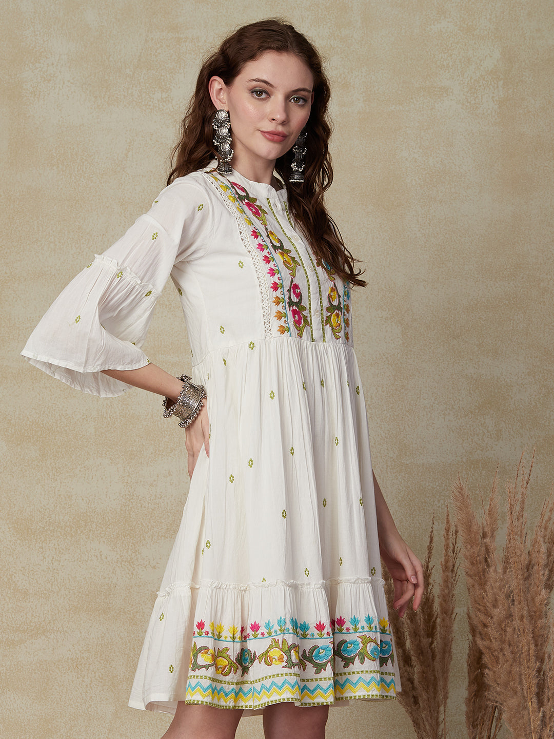 Solid Resham Embroidered Crochet Lace Work Mul-Cotton Indo-Western Dress - White