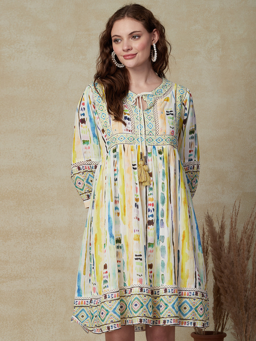 Abstract Printed Sequins & Beads Embroidered Tasseled Mul-Cotton Indo-Western Dress - Multi