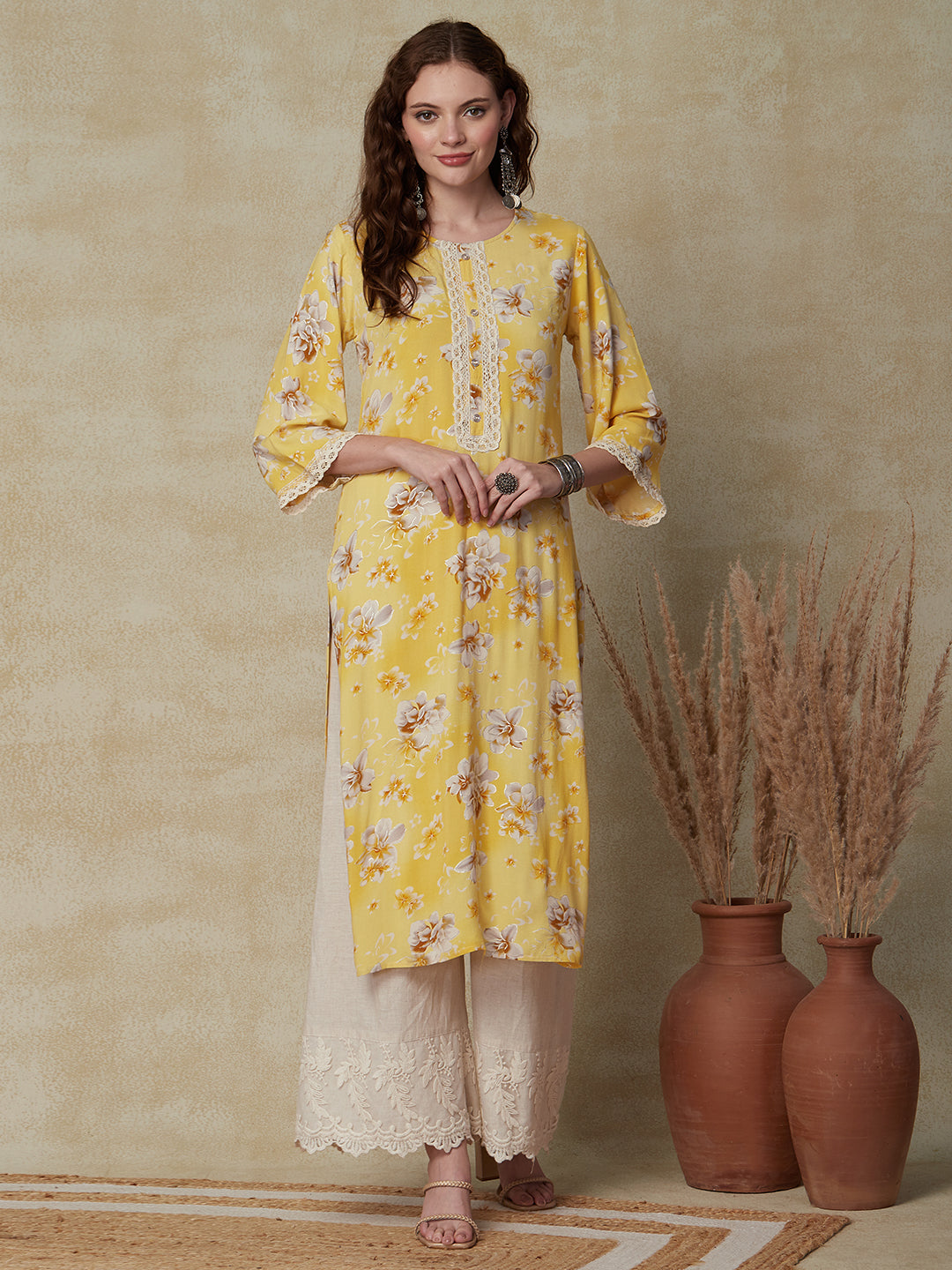 Floral Foil Printed Lace Embellished Kurta - Yellow