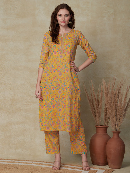 Floral Printed Zari & Sequins Embroidered Kurta with Pants - Yellow