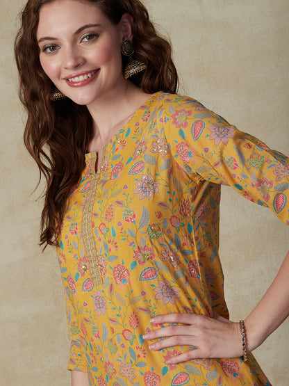 Floral Printed Zari & Sequins Embroidered Kurta with Pants - Yellow