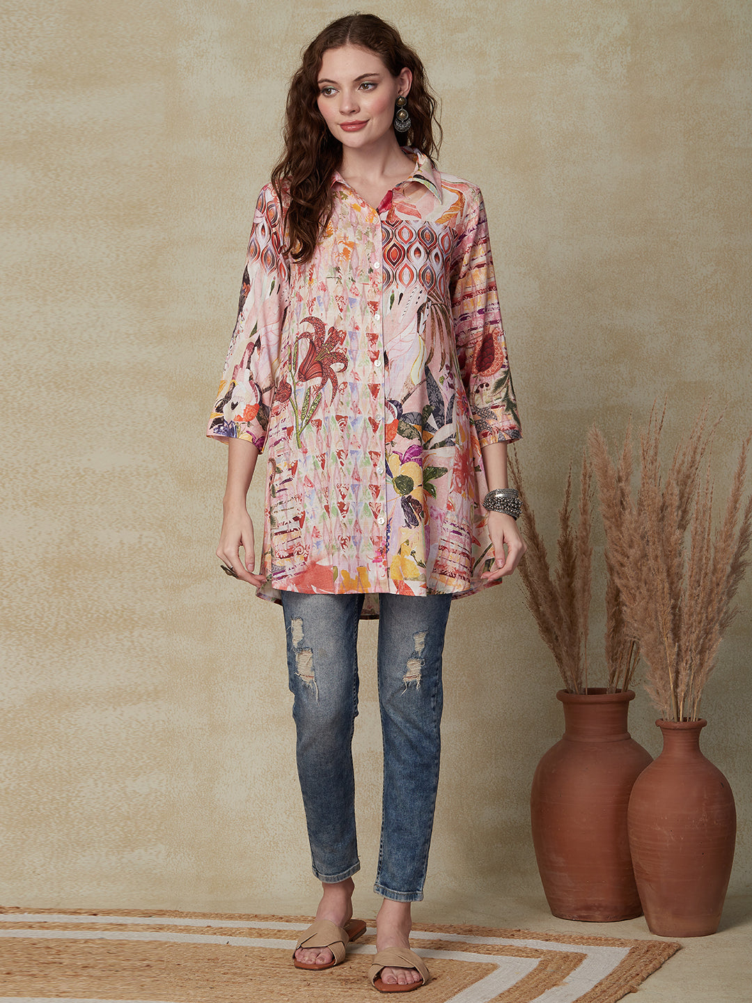 Floral & Abstract Printed Mother-of-Pearl Buttoned Shirt - Multi