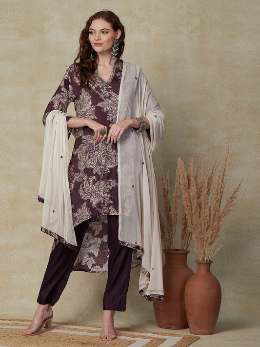 Floral Printed Zari Top Stitched A-line Asymmetric Hem Kurta with Pants & Dupatta - Brown