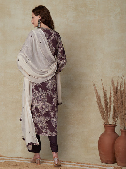 Floral Printed Zari Top Stitched A-line Asymmetric Hem Kurta with Pants & Dupatta - Brown