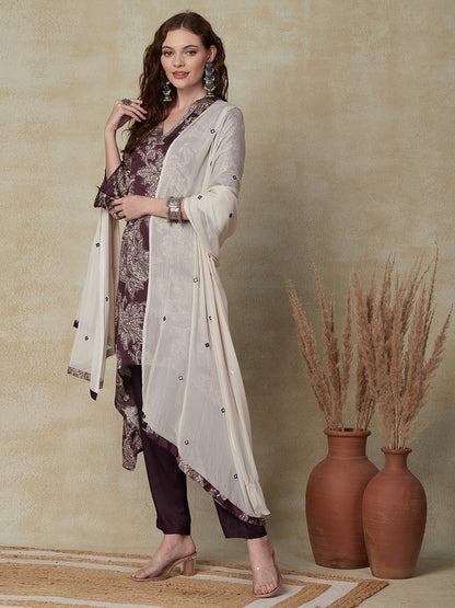 Floral Printed Zari Top Stitched A-line Asymmetric Hem Kurta with Pants & Dupatta - Brown