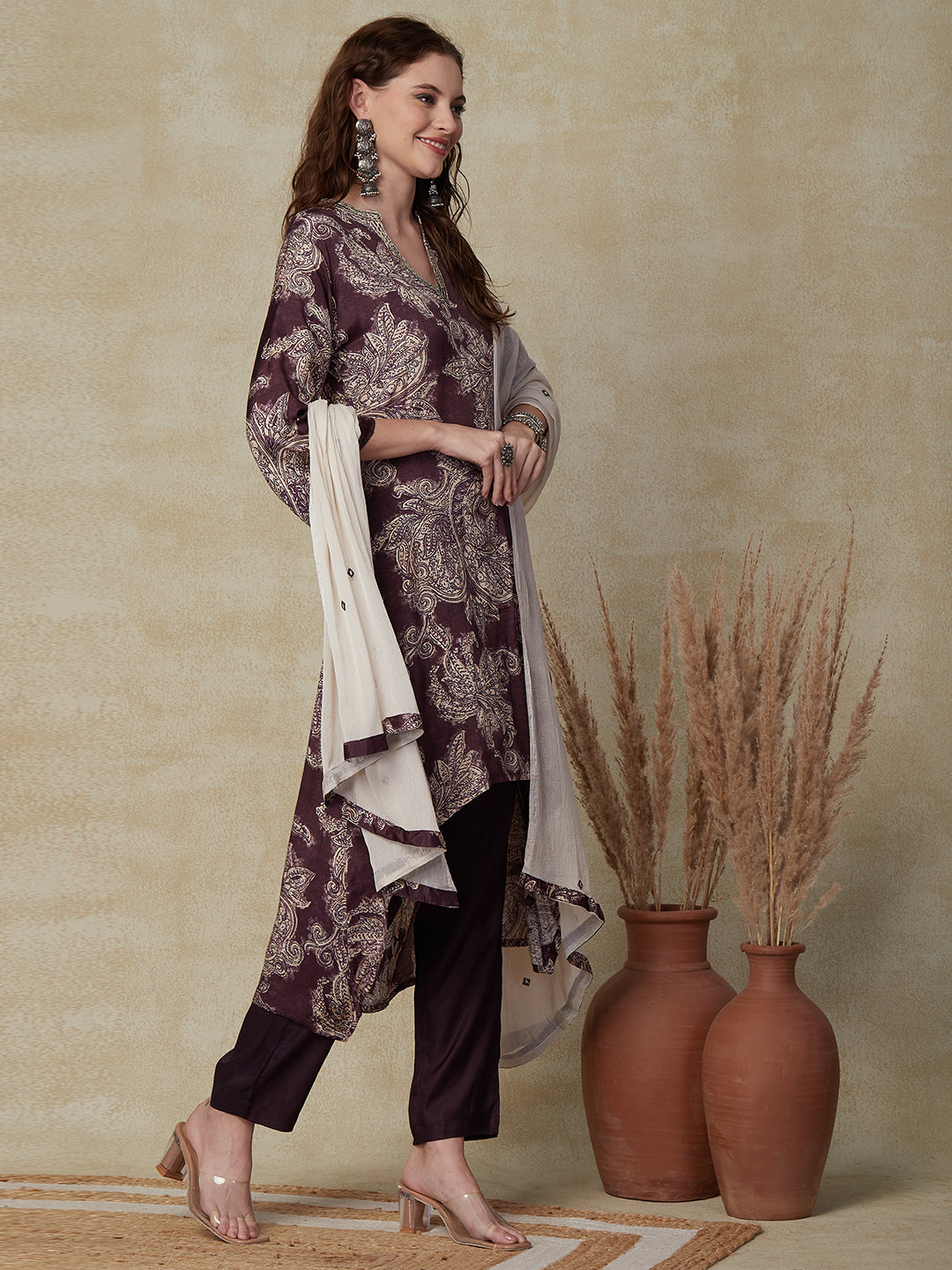 Floral Printed Zari Top Stitched A-line Asymmetric Hem Kurta with Pants & Dupatta - Brown