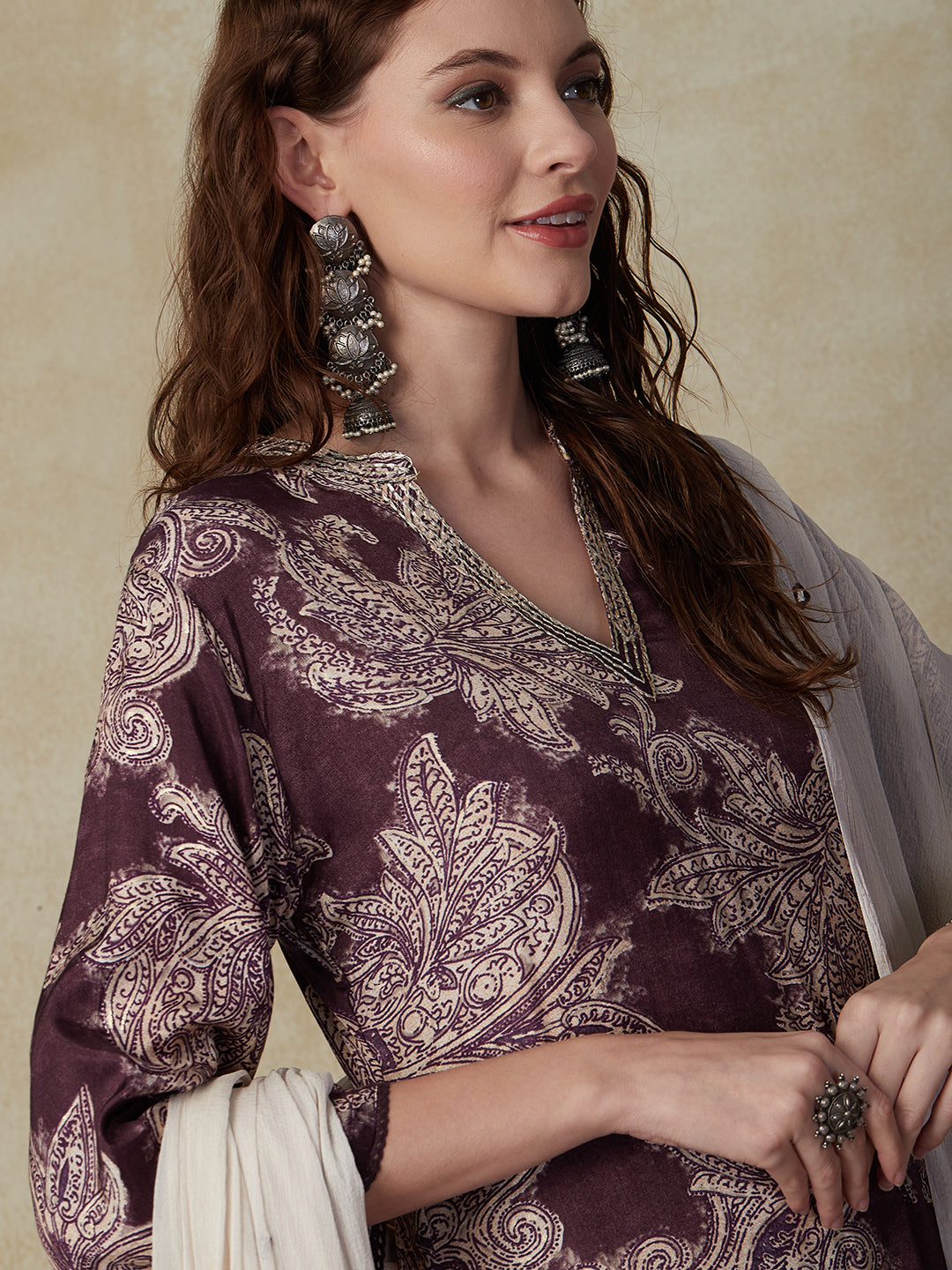 Floral Printed Zari Top Stitched A-line Asymmetric Hem Kurta with Pants & Dupatta - Brown