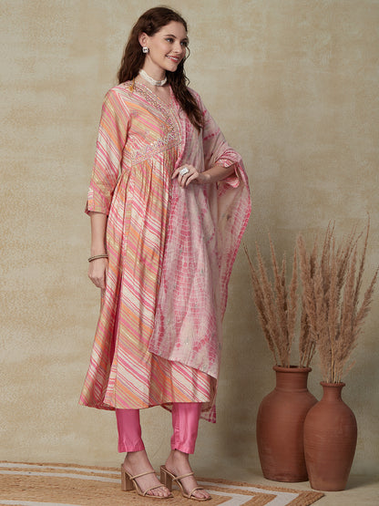 Lehriya Printed Mirror, & Zari Embroidered A-line Kurta with Pants & Shibori Dupatta - Pink
