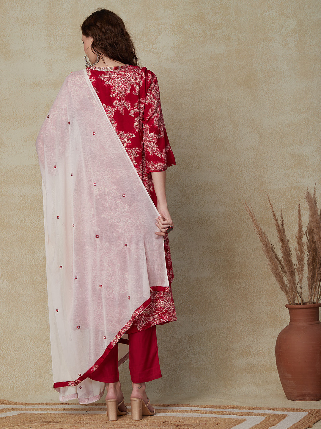 Floral Printed Zari Top Stitched A-line Asymmetric Hem Kurta with Pants & Dupatta - Red