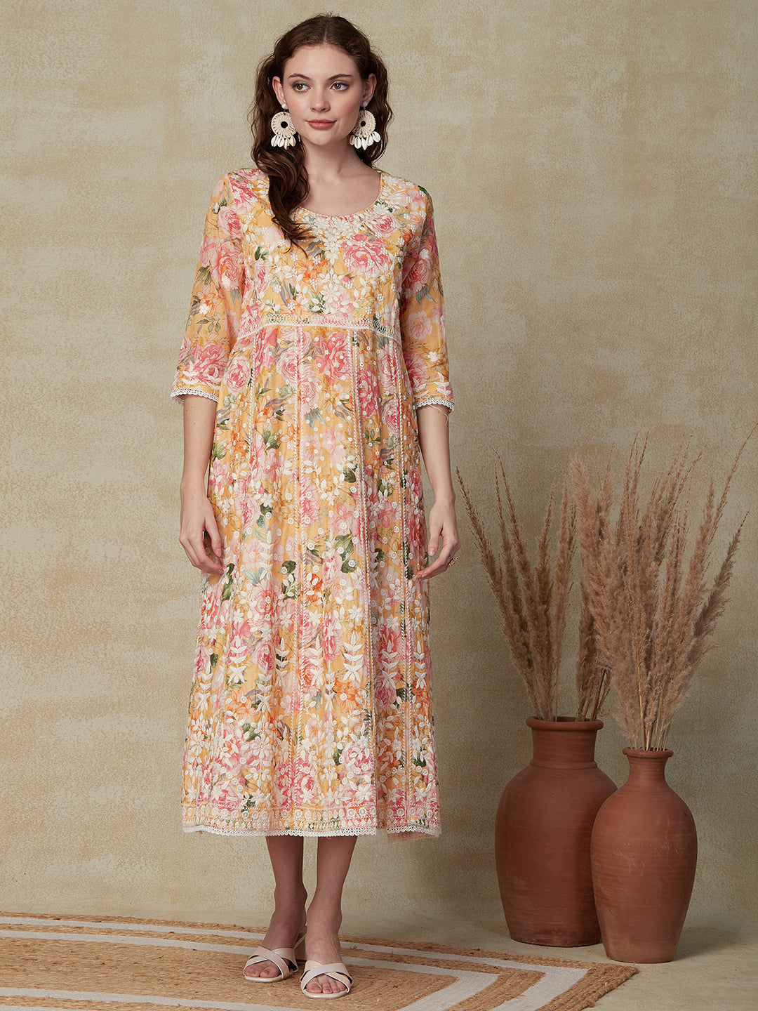 Floral Printed Resham Embroidered Anarkali Indo Western Maxi Dress - Multi