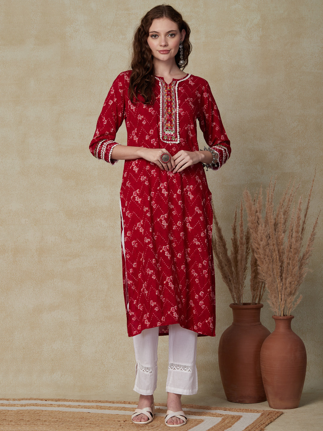 Abstract & Chevron Printed Mirror & Resham Embroidered Lace Work Kurta - Red