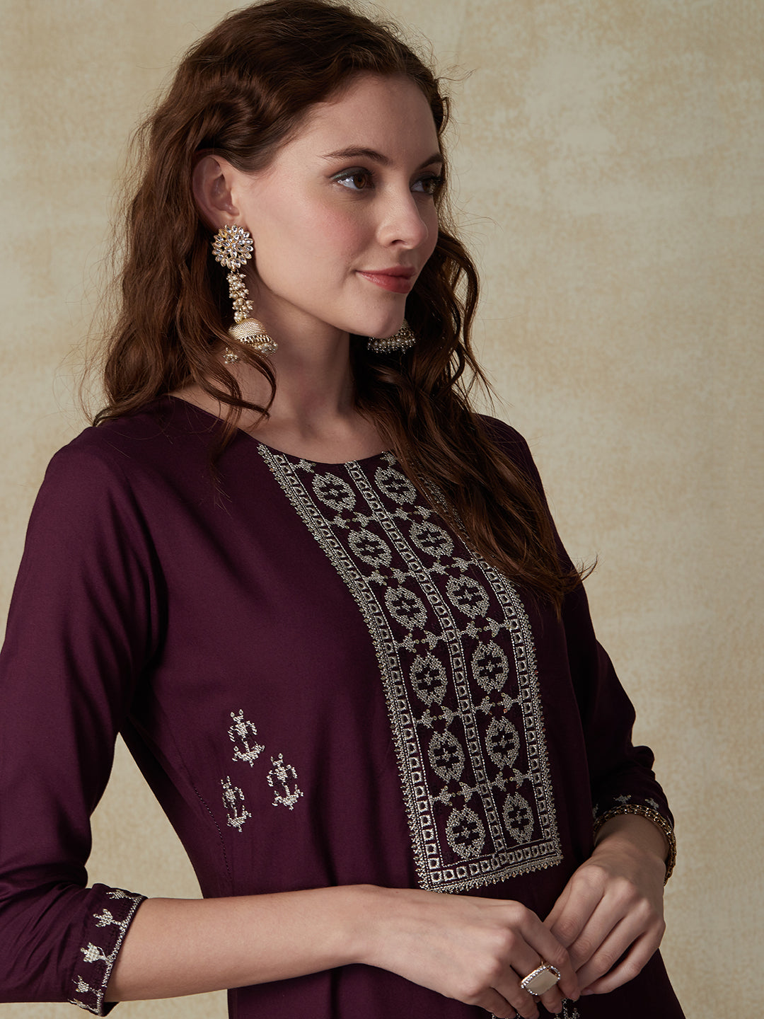 Solid Zari, Resham & Sequins Embroidered Kurta - Burgundy